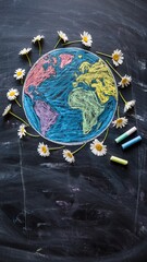 The Globe Made of Colorful Chalk Surrounded by Fresh Daisies on Blackboard
