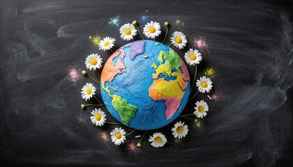 The Globe Made of Colorful Chalk Surrounded by Fresh Daisies on Blackboard
