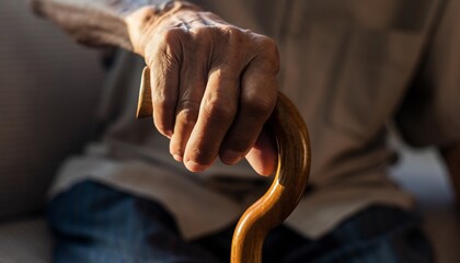 Hands of an elderly man resting on a walking cane