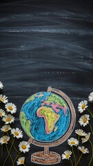 The Globe Made of Colorful Chalk Surrounded by Fresh Daisies on Blackboard
