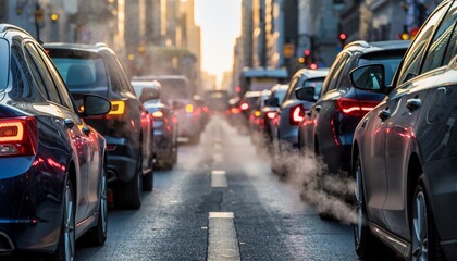 pollution from the exhaust of cars in the city in the winter. Smoke from cars on a cold winter day