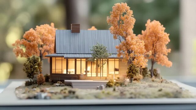 Miniature model of a modern cabin house surrounded by autumn trees.