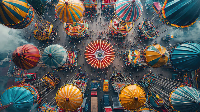Overhead view of a colorful carnival with rides and stalls, capturing the fun and chaos of fairs