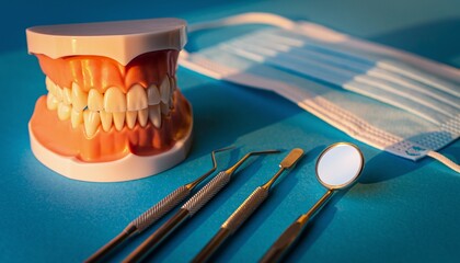 Close up , Complete denture or full denture on blue background.