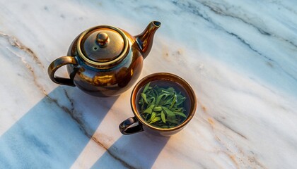 The Teapot and Cup with Loose Leaf Green Tea on Marble Surface