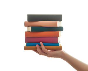 A hand holding a stack of books 
