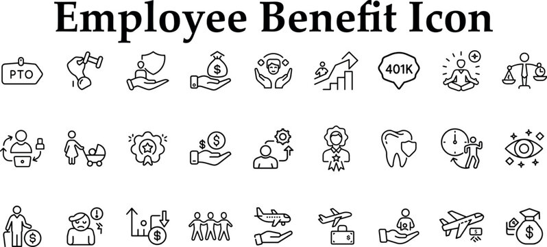 Employee benefit icons for human resources and business isolated on transparent background