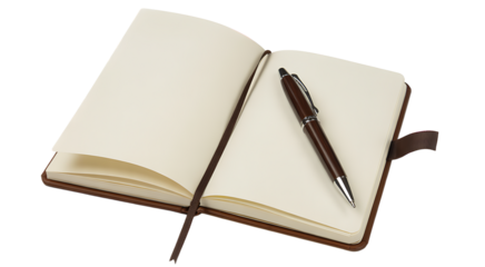 Open notebook with blank pages and pen isolated PNG with Transparent Background 
