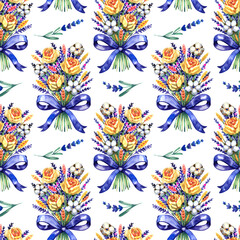 Fototapeta premium Seamless watercolor pattern of floral bouquets set against a soft lavender-purple background. Features yellow roses, cotton, and blue ribbons in a classic Provencal style