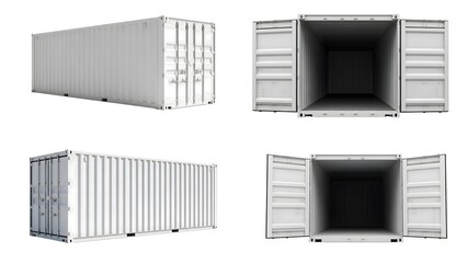 White Shipping Container Mockup Set with Open and Closed Doors Perspective Views Isolated on White