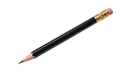 A pristine, sharpened black wooden pencil with a brass ferrule and pink eraser, lying diagonally on a transparent studio background with negative space, concept of learning and creativity. 