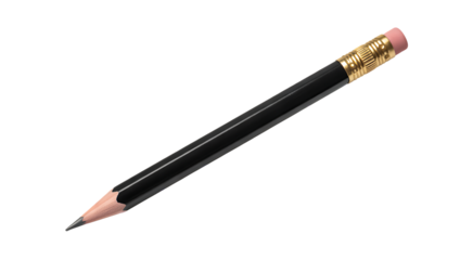 A pristine, sharpened black wooden pencil with a brass ferrule and pink eraser, lying diagonally on a transparent studio background with negative space, concept of learning and creativity. 