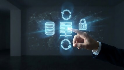 Hand Interacting with Digital Security and Data Icons