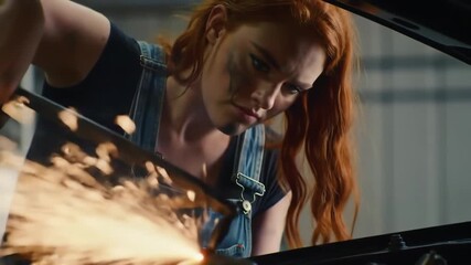 Woman mechanic grinding metal with sparks flying for industrial repair work