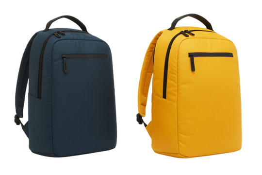 Blue and yellow backpacks displaying school, travel, and campus essentials, ready for education journey, transparent background 
 - Powered by Adobe