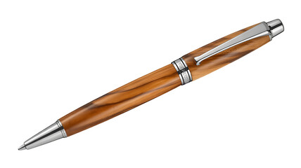 Luxurious wooden ballpoint writing instrument rests against a solid black background 
