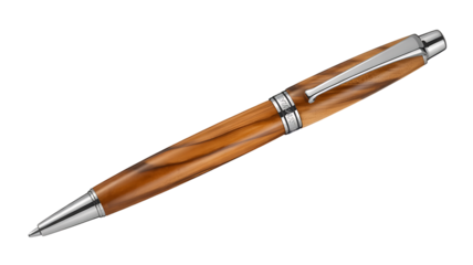 Luxurious wooden ballpoint writing instrument rests against a solid black background 
