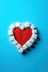 Red heart and sugar cubes symbolizing diabetes awareness on blue background with copy space for World Diabetes Day November 14