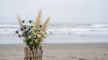 Beach Wedding Floral Arrangement with Sea Holly and Pampas Grass