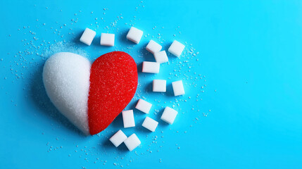 Red heart and sugar cubes symbolizing diabetes awareness on blue background with copy space for World Diabetes Day November 14