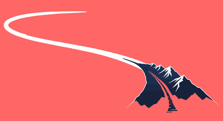 Stylized Mountain Range Vector Illustration with White Streak on Vibrant Pink Background, Minimalist Adventure Landscape for Travel Blogs, Synthwave Retro Posters, and Hiking Merchandise Designs