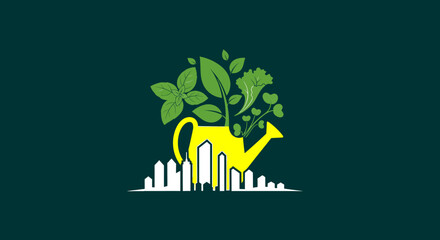 Vibrant Green Plant Vector Growing in Yellow Watering Can against Cityscape, Urban Gardening Concept for Sustainability Reports, Eco-Friendly City Living, and Environmental Growth Illustrations