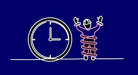 Happy business Vector Figure Jumping for Joy Next to Large Clock, Time Management Success Concept for Deadline Achievement, Work-Life Balance Articles, and Celebrating End of Shift Illustration