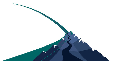 Stylized Mountain Range Vector with Glowing Green Curved Line in Night Sky, Abstract Aurora Borealis Landscape for Eco-Tourism Ads, Hiking Navigation Apps, and Nature Conservation Backgrounds