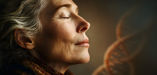 Profile portrait of senior woman with closed eyes. DNA double helix structure in gentle pastel background. Concept of genetic research, biotech ageing, anti-age, gerontology science, skin care,