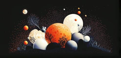 Abstract illustration of a surreal celestial landscape with large planets and minimalist botanical silhouettes against a dark night sky