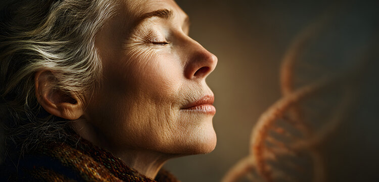 Profile portrait of senior woman with closed eyes. DNA double helix structure in gentle pastel background. Concept of genetic research, biotech ageing, anti-age, gerontology science, skin care, - Powered by Adobe