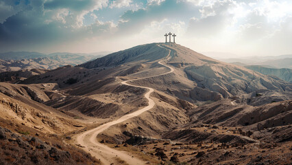Hill of Golgotha, three crosses stand on a high, arid hill, a winding dirt road leading to the summit against a dramatic sky