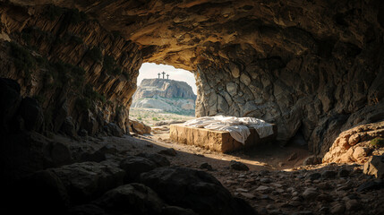 Empty tomb with stone slab and burial shroud, three crosses visible on a hill in the distance