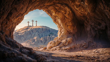 Empty Tomb of Jesus, the Hill of Golgotha, three crosses on a dry hill, seen from a cave opening, symbolizing resurrection