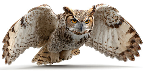 With wings outstretched and feathers rustling, a majestic solitary owl takes to the sky, its sharp talons extended and its piercing gaze fixed intently, as it stands out against a pure white isolated