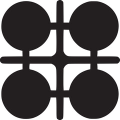 A simple black and white graphic design featuring four circles connected by lines in a square shape