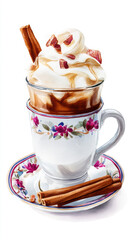 Delicious festive hot drink watercolor illustration with whipped cream and cinnamon sticks in floral teacup on white background, cozy and inviting.