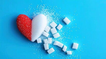 Red heart and sugar cubes symbolizing diabetes awareness on blue background with copy space for World Diabetes Day November 14