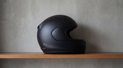Unbranded matte black motorcycle helmet against grey concrete wall copy space