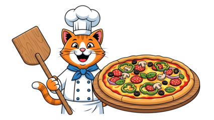 Cute Cartoon Orange Tabby Cat Chef Character Holding a Wooden Pizza Peel and a Delicious Italian Pizza with Veggies and Pepperoni Toppings