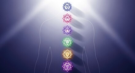 Seven colored energy wheels align vertically on a mystical blue background with divine light rays illuminating the spiritual body centers.