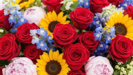 Vibrant mixed flower bouquet with red roses, pink peonies, yellow sunflowers, and blue delphiniums