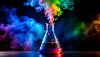 A Vibrant Laboratory Flask Releasing Rainbow Smoke in a Dramatic and Colorful Science Concept