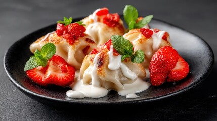 Four dumplings filled with sweet filling are served on a black plate with fresh strawberries and a drizzle of cream. Mint leaves add color to the dish.