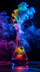 A Colorful Chemical Reaction in a Laboratory Flask with Vivid Swirling Smoke on a Dark Background
