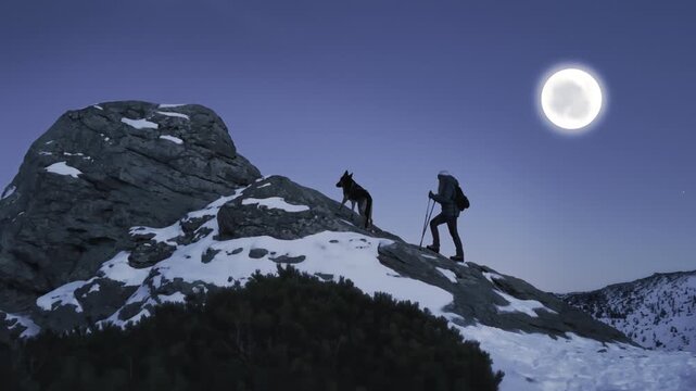 Girl with dog on Chornohora ridge of Ukrainian Carpathians in winter. Winter hike in mountains. Adventures in mountains.