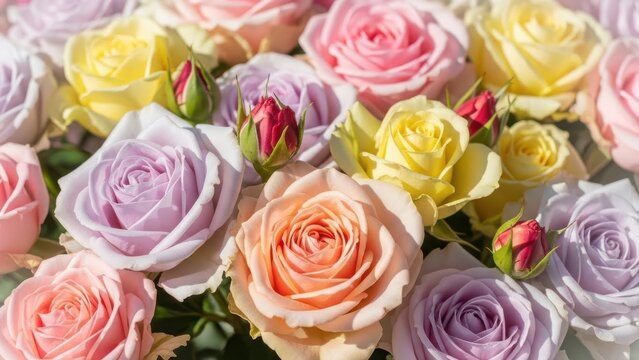 Close-up of a vibrant assortment of multicolored roses in full bloom, showcasing diverse pastel shades