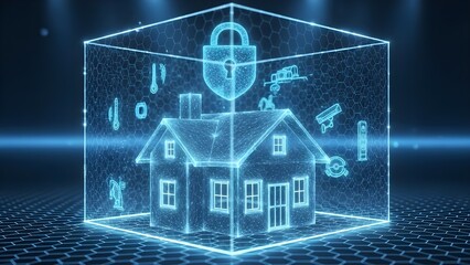 Digital holographic representation of a secure smart home system enveloped in a protective futuristic glowing blue security barrier with various icons on white background