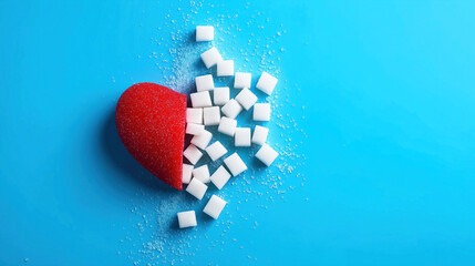 Red heart and sugar cubes symbolizing diabetes awareness on blue background with copy space for World Diabetes Day November 14
