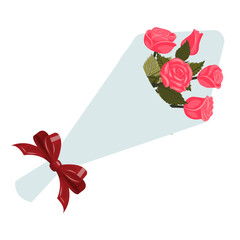 A bouquet of five bright pink roses wrapped in wrapping paper with a red ribbon bow. Vector illustration isolated on a white background.
